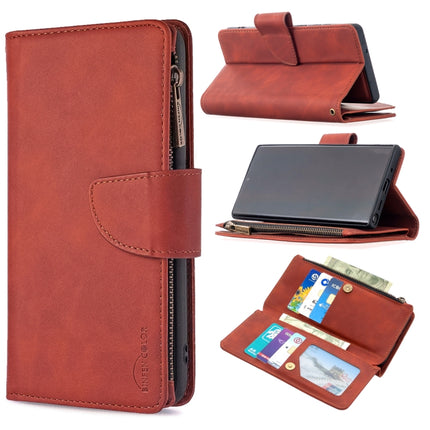 For Samsung Galaxy Note20 Skin Feel Detachable Magnetic Zipper Horizontal Flip PU Leather Case with Multi-Card Slots & Holder & Wallet & Photo Frame & Lanyard(Brown)-garmade.com