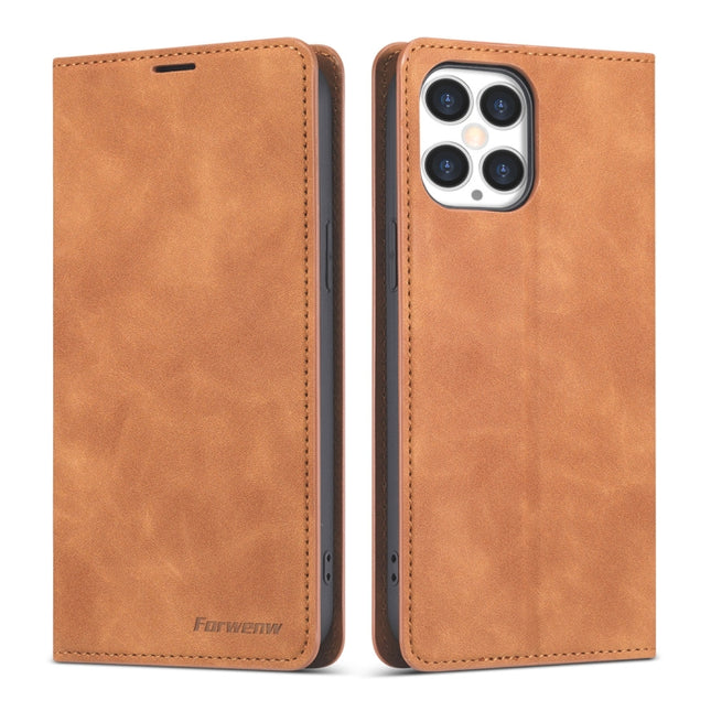 Forwenw Dream Series Magnetic Oil Edge Horizontal Flip Leather Case with Holder & Card Slot & Photo Frame & Wallet For iPhone 12 / 12 Pro(Brown)-garmade.com