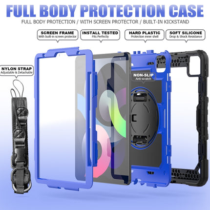 Shockproof Colorful Silicone + PC Protective Case with Holder & Shoulder Strap & Hand Strap & Pen Slot For iPad Air 2022 / 2020 10.9 (Black Blue)-garmade.com