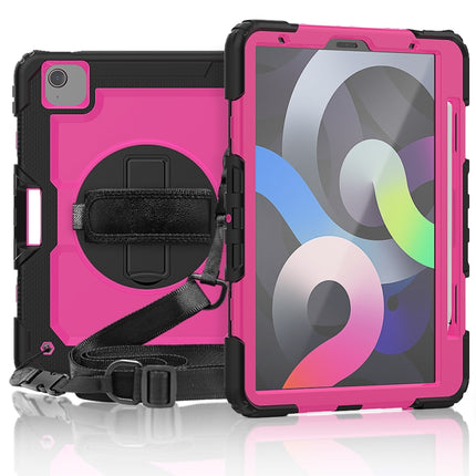 Shockproof Colorful Silicone + PC Protective Case with Holder & Shoulder Strap & Hand Strap & Pen Slot For iPad Air 2022 / 2020 10.9 (Black Rose Red)-garmade.com