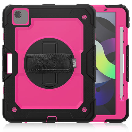 Shockproof Colorful Silicone + PC Protective Case with Holder & Shoulder Strap & Hand Strap & Pen Slot For iPad Air 2022 / 2020 10.9 (Black Rose Red)-garmade.com