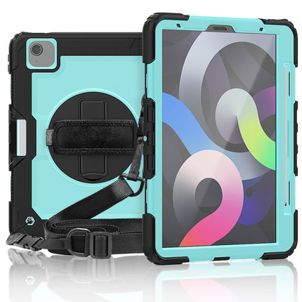 Shockproof Colorful Silicone + PC Protective Case with Holder & Shoulder Strap & Hand Strap & Pen Slot For iPad Air 2022 / 2020 10.9 (Black Light Blue)-garmade.com