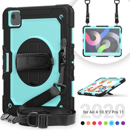 Shockproof Colorful Silicone + PC Protective Case with Holder & Shoulder Strap & Hand Strap & Pen Slot For iPad Air 2022 / 2020 10.9 (Black Light Blue)-garmade.com