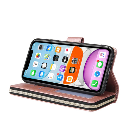 For iPhone 11 Zipper Wallet Bag Horizontal Flip PU Leather Case with Holder & 9 Card Slots & Wallet & Lanyard & Photo Frame(Rose Gold)-garmade.com