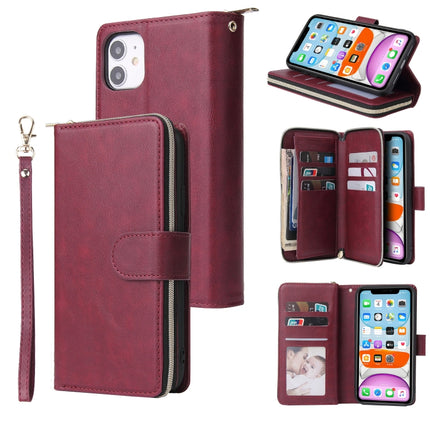 For iPhone 11 Zipper Wallet Bag Horizontal Flip PU Leather Case with Holder & 9 Card Slots & Wallet & Lanyard & Photo Frame(Wine Red)-garmade.com