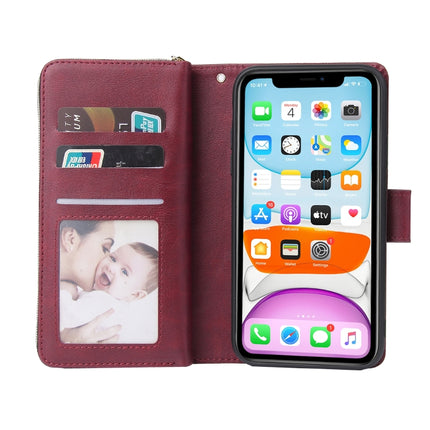 For iPhone 11 Zipper Wallet Bag Horizontal Flip PU Leather Case with Holder & 9 Card Slots & Wallet & Lanyard & Photo Frame(Wine Red)-garmade.com