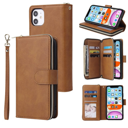 For iPhone 11 Zipper Wallet Bag Horizontal Flip PU Leather Case with Holder & 9 Card Slots & Wallet & Lanyard & Photo Frame(Brown)-garmade.com