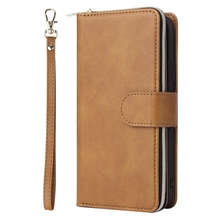 For iPhone 11 Zipper Wallet Bag Horizontal Flip PU Leather Case with Holder & 9 Card Slots & Wallet & Lanyard & Photo Frame(Brown)-garmade.com