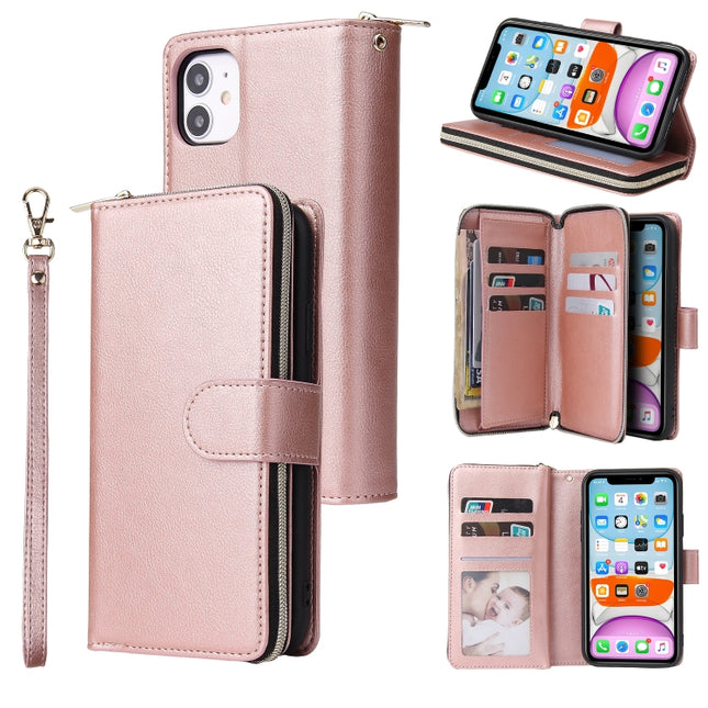For iPhone 11 Pro Zipper Wallet Bag Horizontal Flip PU Leather Case with Holder & 9 Card Slots & Wallet & Lanyard & Photo Frame(Rose Gold)-garmade.com
