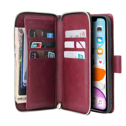 For iPhone 11 Pro Zipper Wallet Bag Horizontal Flip PU Leather Case with Holder & 9 Card Slots & Wallet & Lanyard & Photo Frame(Wine Red)-garmade.com