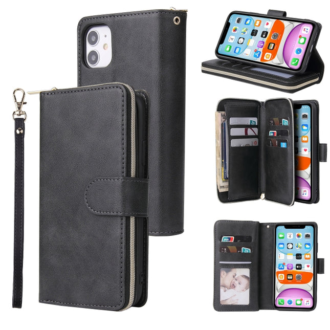For iPhone 11 Pro Zipper Wallet Bag Horizontal Flip PU Leather Case with Holder & 9 Card Slots & Wallet & Lanyard & Photo Frame(Black)-garmade.com