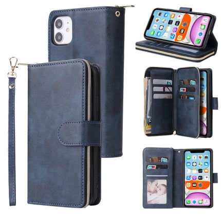 For iPhone 11 Pro Zipper Wallet Bag Horizontal Flip PU Leather Case with Holder & 9 Card Slots & Wallet & Lanyard & Photo Frame(Blue)-garmade.com