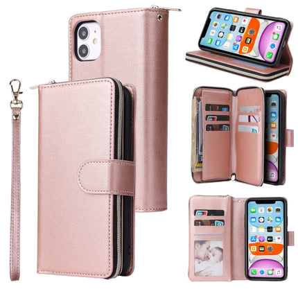 For iPhone 11 Pro Max Zipper Wallet Bag Horizontal Flip PU Leather Case with Holder & 9 Card Slots & Wallet & Lanyard & Photo Frame(Rose Gold)-garmade.com