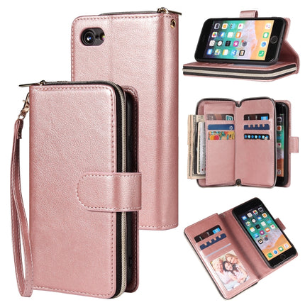 For iPhone SE 2020 / 8 / 7 Zipper Wallet Bag Horizontal Flip PU Leather Case with Holder & 9 Card Slots & Wallet & Lanyard & Photo Frame(Rose Gold)-garmade.com