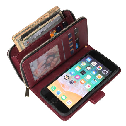 For iPhone SE 2020 / 8 / 7 Zipper Wallet Bag Horizontal Flip PU Leather Case with Holder & 9 Card Slots & Wallet & Lanyard & Photo Frame(Wine Red)-garmade.com