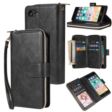 For iPhone SE 2020 / 8 / 7 Zipper Wallet Bag Horizontal Flip PU Leather Case with Holder & 9 Card Slots & Wallet & Lanyard & Photo Frame(Black)-garmade.com