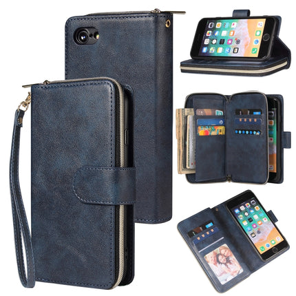 For iPhone SE 2020 / 8 / 7 Zipper Wallet Bag Horizontal Flip PU Leather Case with Holder & 9 Card Slots & Wallet & Lanyard & Photo Frame(Blue)-garmade.com
