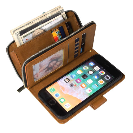 For iPhone SE 2020 / 8 / 7 Zipper Wallet Bag Horizontal Flip PU Leather Case with Holder & 9 Card Slots & Wallet & Lanyard & Photo Frame(Brown)-garmade.com