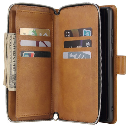 For Samsung Galaxy Note20 Ultra Zipper Wallet Bag Horizontal Flip PU Leather Case with Holder & 9 Card Slots & Wallet & Lanyard & Photo Frame(Brown)-garmade.com