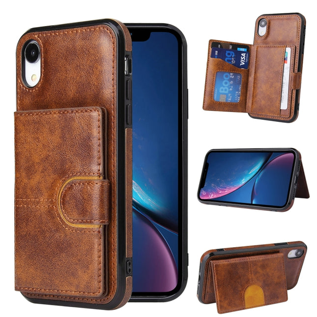 PU + TPU + PC Shockproof Back Cover Case with Card Slot & Holder For iPhone XR(Brown)-garmade.com