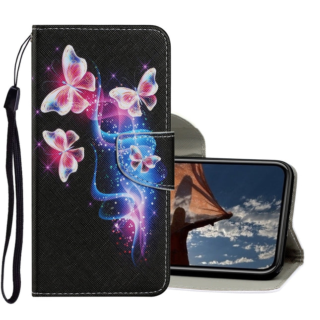 Coloured Drawing Pattern Horizontal Flip PU Leather Case with Holder & Card Slots & Wallet & Lanyard For iPhone XR(Three Fluorescent Butterflies)-garmade.com