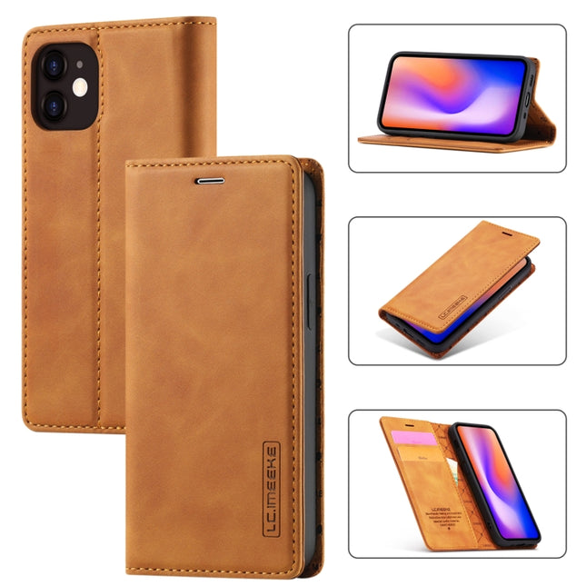 LC.IMEEKE Strong Magnetism Ultra-thin Horizontal Flip Shockproof Matte TPU + PU Leather Case with Holder & Card Slots & Wallet For iPhone 12 mini(Brown)-garmade.com