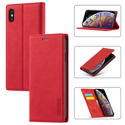 LC.IMEEKE Strong Magnetism Ultra-thin Horizontal Flip Shockproof Matte TPU + PU Leather Case with Holder & Card Slots & Wallet For iPhone XS / X(Red)-garmade.com
