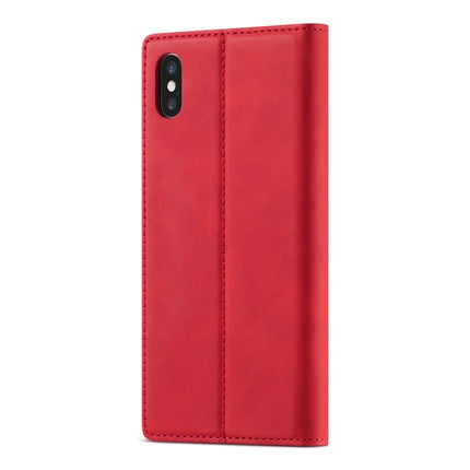 LC.IMEEKE Strong Magnetism Ultra-thin Horizontal Flip Shockproof Matte TPU + PU Leather Case with Holder & Card Slots & Wallet For iPhone XS / X(Red)-garmade.com