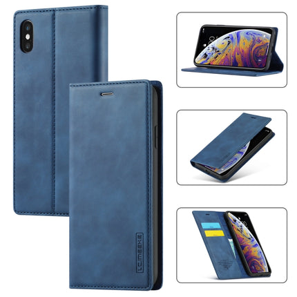 LC.IMEEKE Strong Magnetism Ultra-thin Horizontal Flip Shockproof Matte TPU + PU Leather Case with Holder & Card Slots & Wallet For iPhone XS / X(Blue)-garmade.com