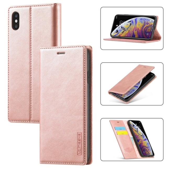 LC.IMEEKE Strong Magnetism Ultra-thin Horizontal Flip Shockproof Matte TPU + PU Leather Case with Holder & Card Slots & Wallet For iPhone XS / X(Rose Gold)-garmade.com