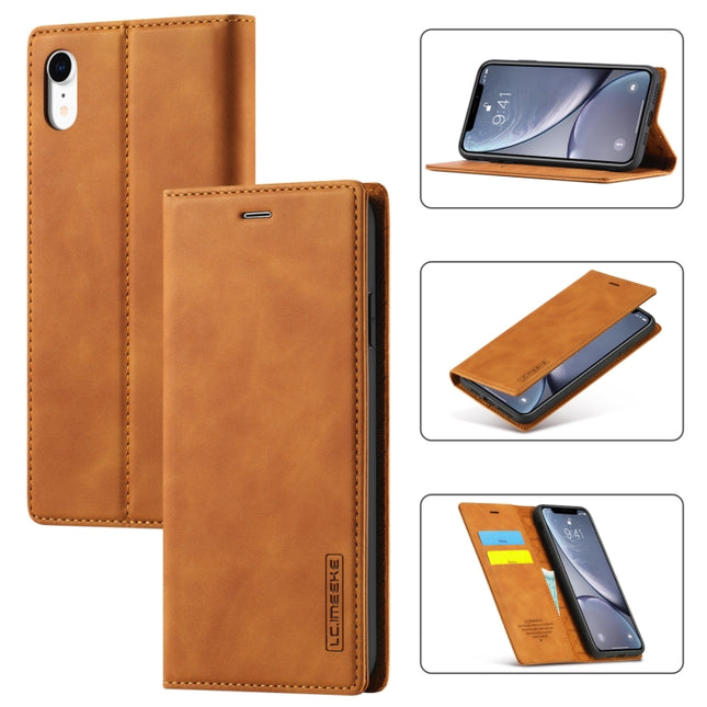 LC.IMEEKE Strong Magnetism Ultra-thin Horizontal Flip Shockproof Matte TPU + PU Leather Case with Holder & Card Slots & Wallet For iPhone XR(Brown)-garmade.com