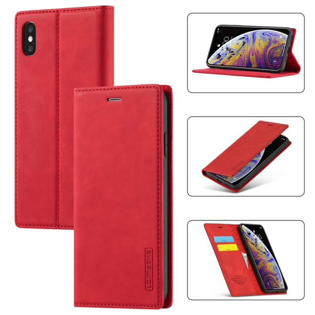 LC.IMEEKE Strong Magnetism Ultra-thin Horizontal Flip Shockproof Matte TPU + PU Leather Case with Holder & Card Slots & Wallet For iPhone XS Max(Red)-garmade.com