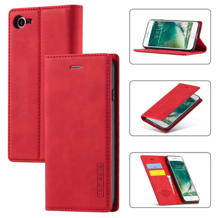 LC.IMEEKE Strong Magnetism Ultra-thin Horizontal Flip Shockproof Matte TPU + PU Leather Case with Holder & Card Slots & Wallet For iPhone SE 2020 / 8 / 7(Red)-garmade.com
