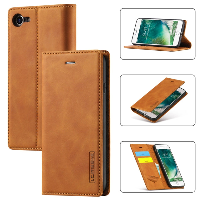 LC.IMEEKE Strong Magnetism Ultra-thin Horizontal Flip Shockproof Matte TPU + PU Leather Case with Holder & Card Slots & Wallet For iPhone SE 2020 / 8 / 7(Brown)-garmade.com