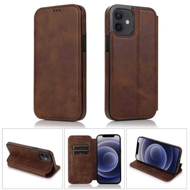 Strong Magnetic Closure PU + TPU Leather Case with Card Slots & Holder For iPhone 12 mini(Brown)-garmade.com