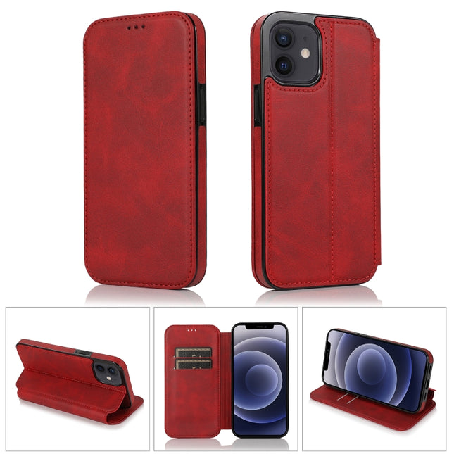 Strong Magnetic Closure PU + TPU Leather Case with Card Slots & Holder For iPhone 12 mini(Red)-garmade.com