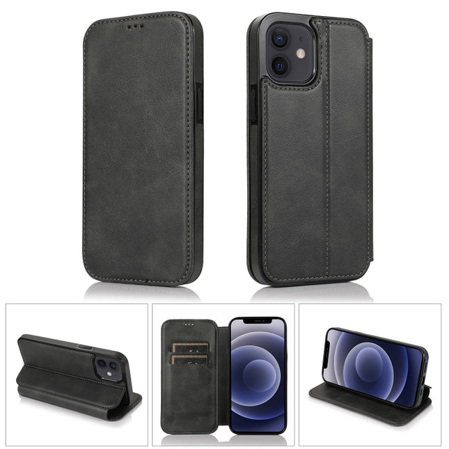 Strong Magnetic Closure PU + TPU Leather Case with Card Slots & Holder For iPhone 12 mini(Black)-garmade.com