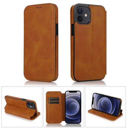 Strong Magnetic Closure PU + TPU Leather Case with Card Slots & Holder For iPhone 12 mini(Khaki)-garmade.com