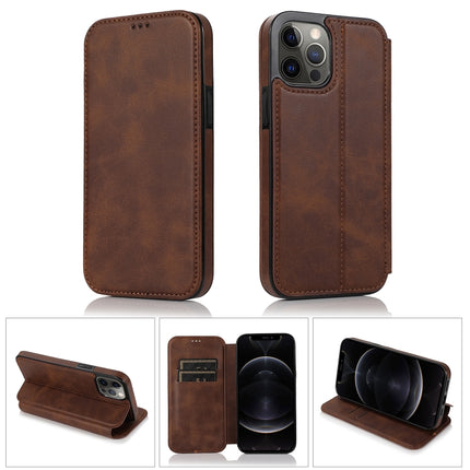 Strong Magnetic Closure PU + TPU Leather Case with Card Slots & Holder For iPhone 12 / 12 Pro(Brown)-garmade.com