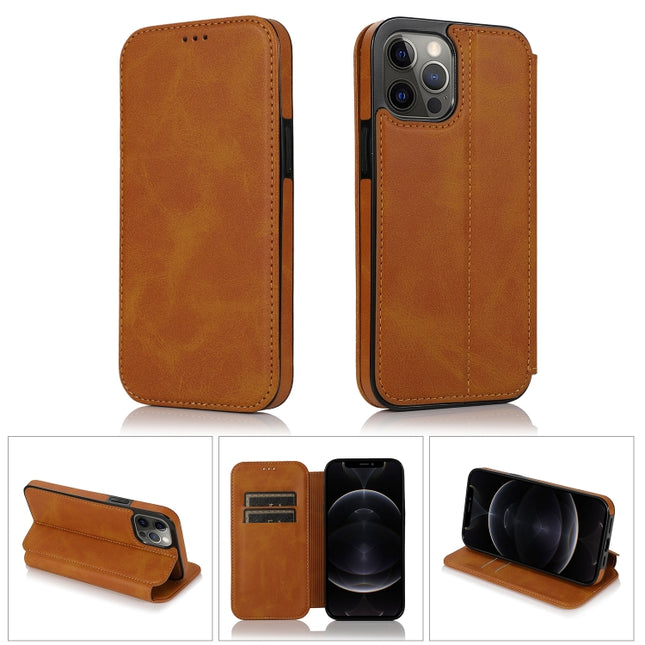 Strong Magnetic Closure PU + TPU Leather Case with Card Slots & Holder For iPhone 12 / 12 Pro(Khaki)-garmade.com