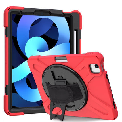 For iPad Air 2022 / 2020 10.9 360 Degree Rotation PC + Silicone Protective Case with Holder & Hand-strap(Red)-garmade.com