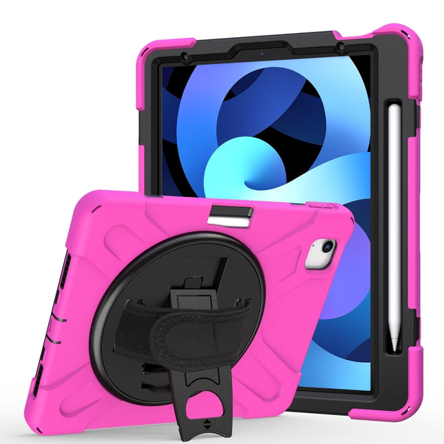 For iPad Air 2022 / 2020 10.9 360 Degree Rotation PC + Silicone Protective Case with Holder & Hand-strap(Rose Red)-garmade.com