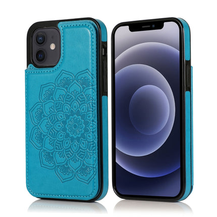 Double Buckle Mandala Pattern PU+TPU Protective Case with Card Slots & Holder & Photo Frame For iPhone 12 mini(Blue)-garmade.com