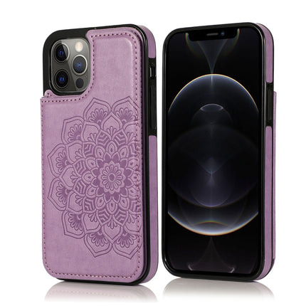 Double Buckle Mandala Pattern PU+TPU Protective Case with Card Slots & Holder & Photo Frame For iPhone 12 / 12 Pro(Purple)-garmade.com