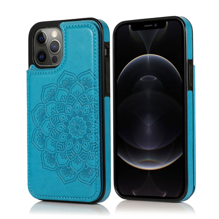 Double Buckle Mandala Pattern PU+TPU Protective Case with Card Slots & Holder & Photo Frame For iPhone 12 / 12 Pro(Blue)-garmade.com
