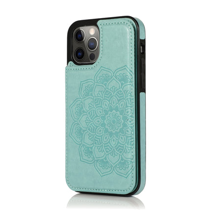 Double Buckle Mandala Pattern PU+TPU Protective Case with Card Slots & Holder & Photo Frame For iPhone 12 / 12 Pro(Green)-garmade.com
