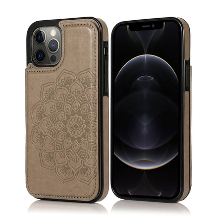 Double Buckle Mandala Pattern PU+TPU Protective Case with Card Slots & Holder & Photo Frame For iPhone 12 / 12 Pro(Grey)-garmade.com