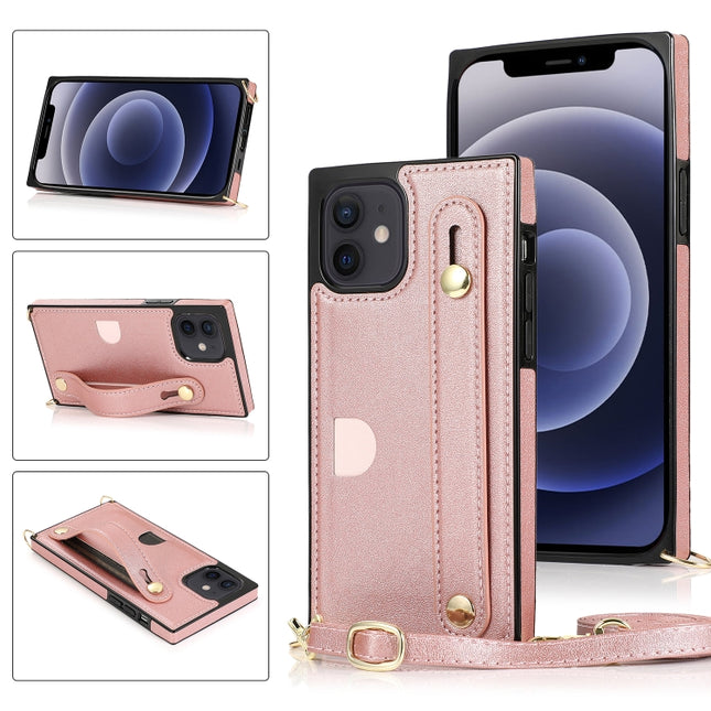 PU+TPU Shockproof Protective Case with Crossbody Lanyard & Holder & Card Slot & Wrist Strap For iPhone 12 mini(Rose Gold)-garmade.com