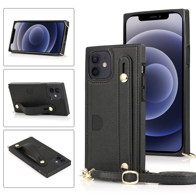 PU+TPU Shockproof Protective Case with Crossbody Lanyard & Holder & Card Slot & Wrist Strap For iPhone 12 mini(Black)-garmade.com
