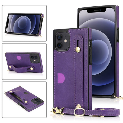 PU+TPU Shockproof Protective Case with Crossbody Lanyard & Holder & Card Slot & Wrist Strap For iPhone 12 mini(Purple)-garmade.com